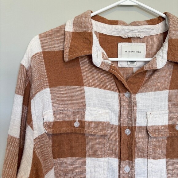 American Eagle Tops - American Eagle Women's Medium Flannel Button Up Brown White Oversized Cozy Fall